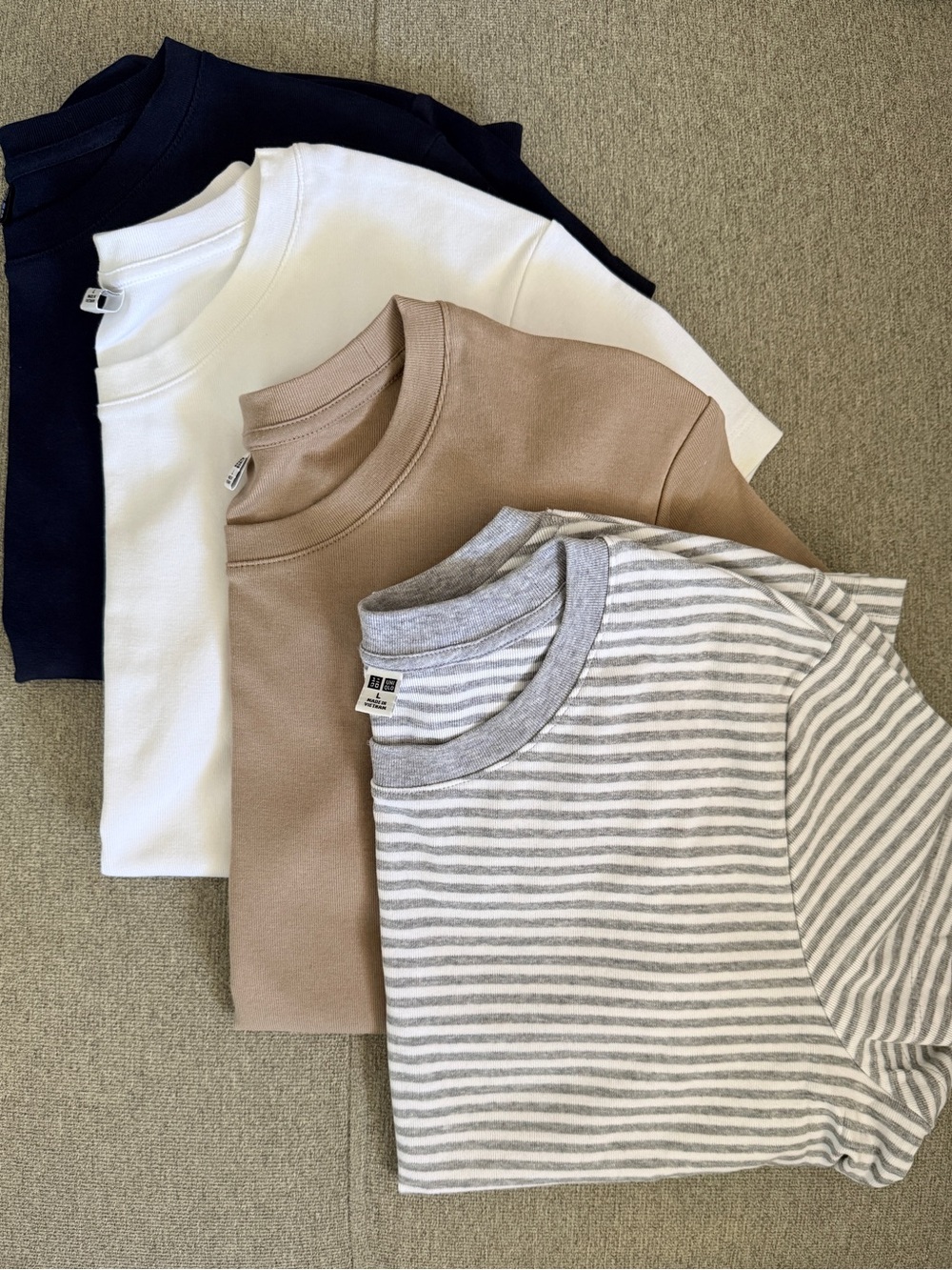 4 UNIQLO Mini Tee Bundle – Navy, White, Tan, Gray & White Stripes, Size L